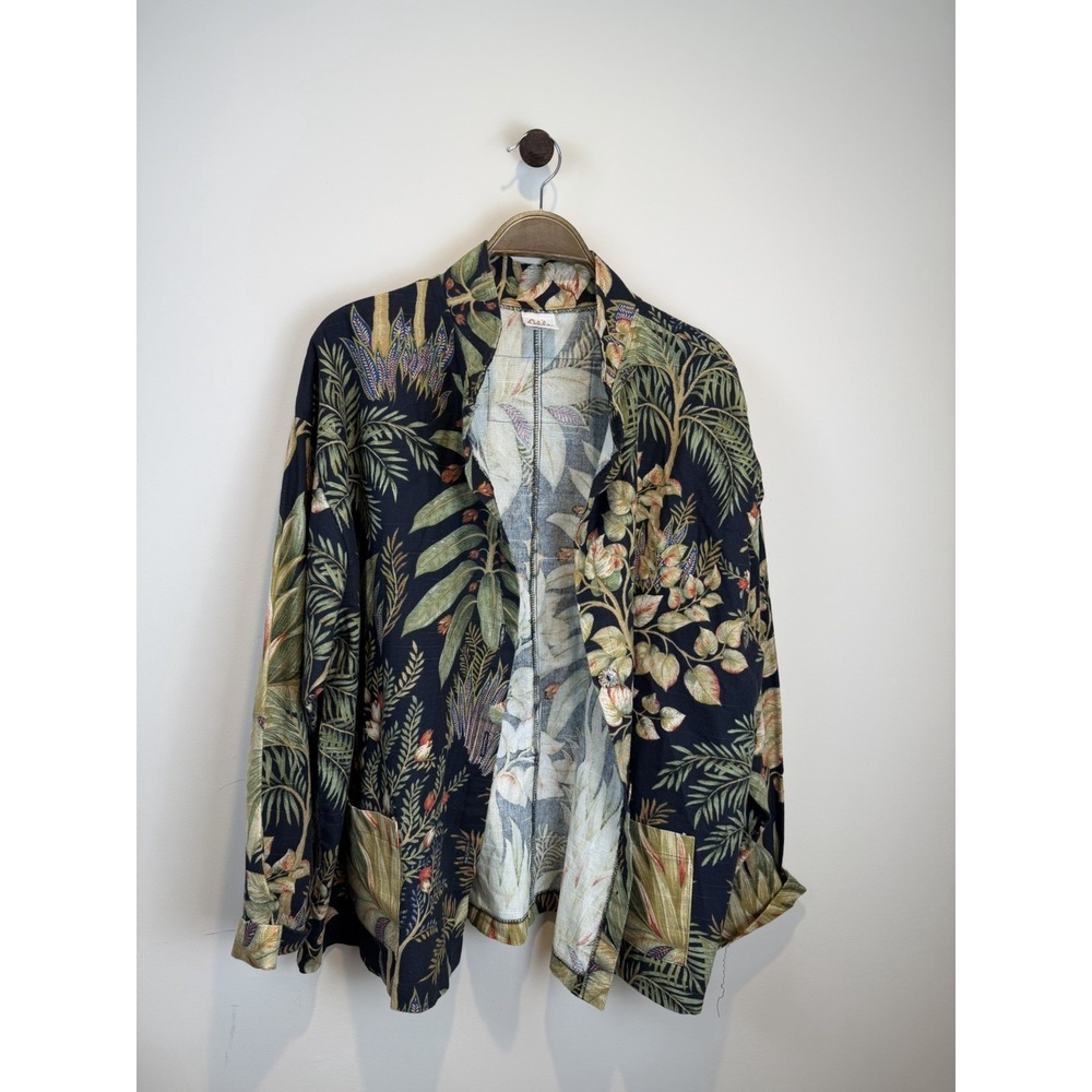 Women's Odile Tropical Print Cotton Cardigan Open Front Pockets Dragonfly 2X